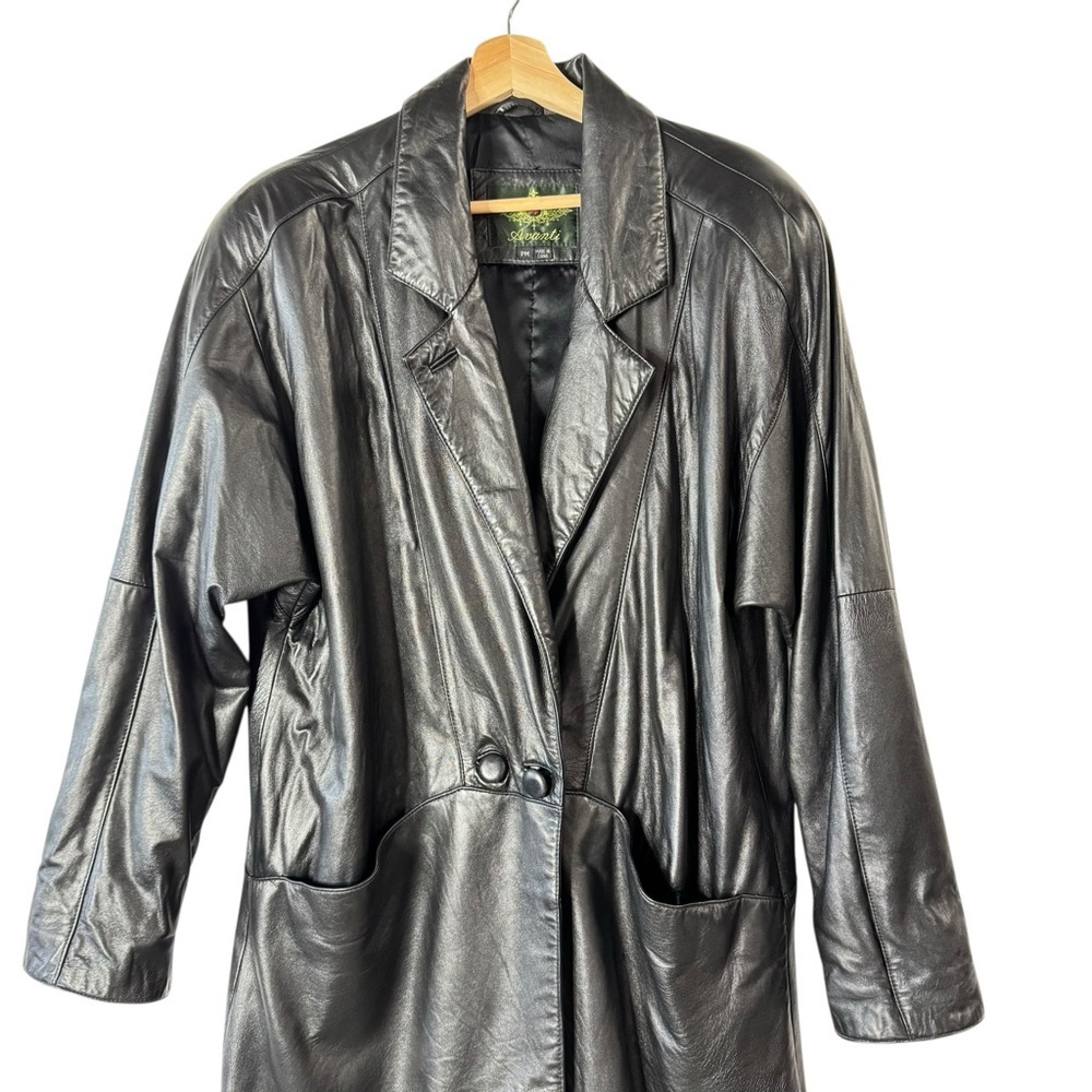 Vintage Avanti Black Genuine Leather Long Trench Coat PM - Picture 4 of 14